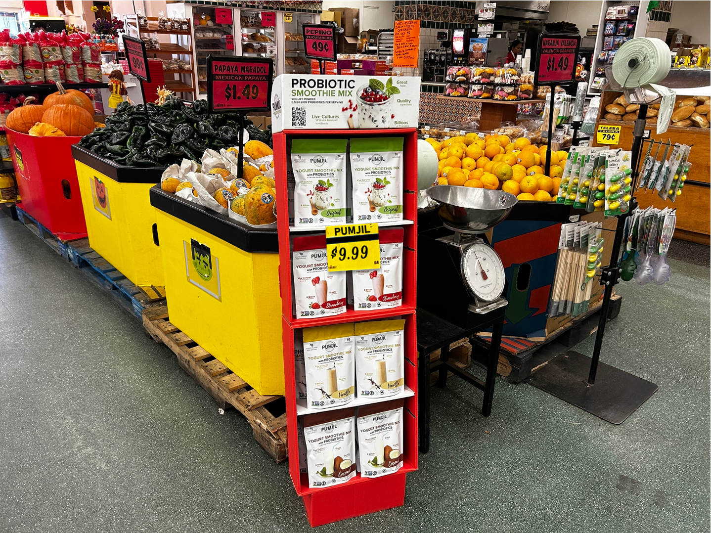 Pumjil display shipper in produce section