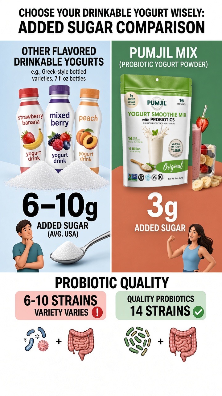 Added sugar comparison: other flavored drinkable yogurts 6 to 10g added sugar vs Pumjil Yogurt Smoothie Mix Original 3g added sugar, with 14 probiotic strains