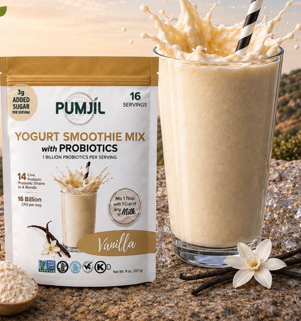 Pumjil Vanilla Yogurt Smoothie Mix with a vanilla smoothie