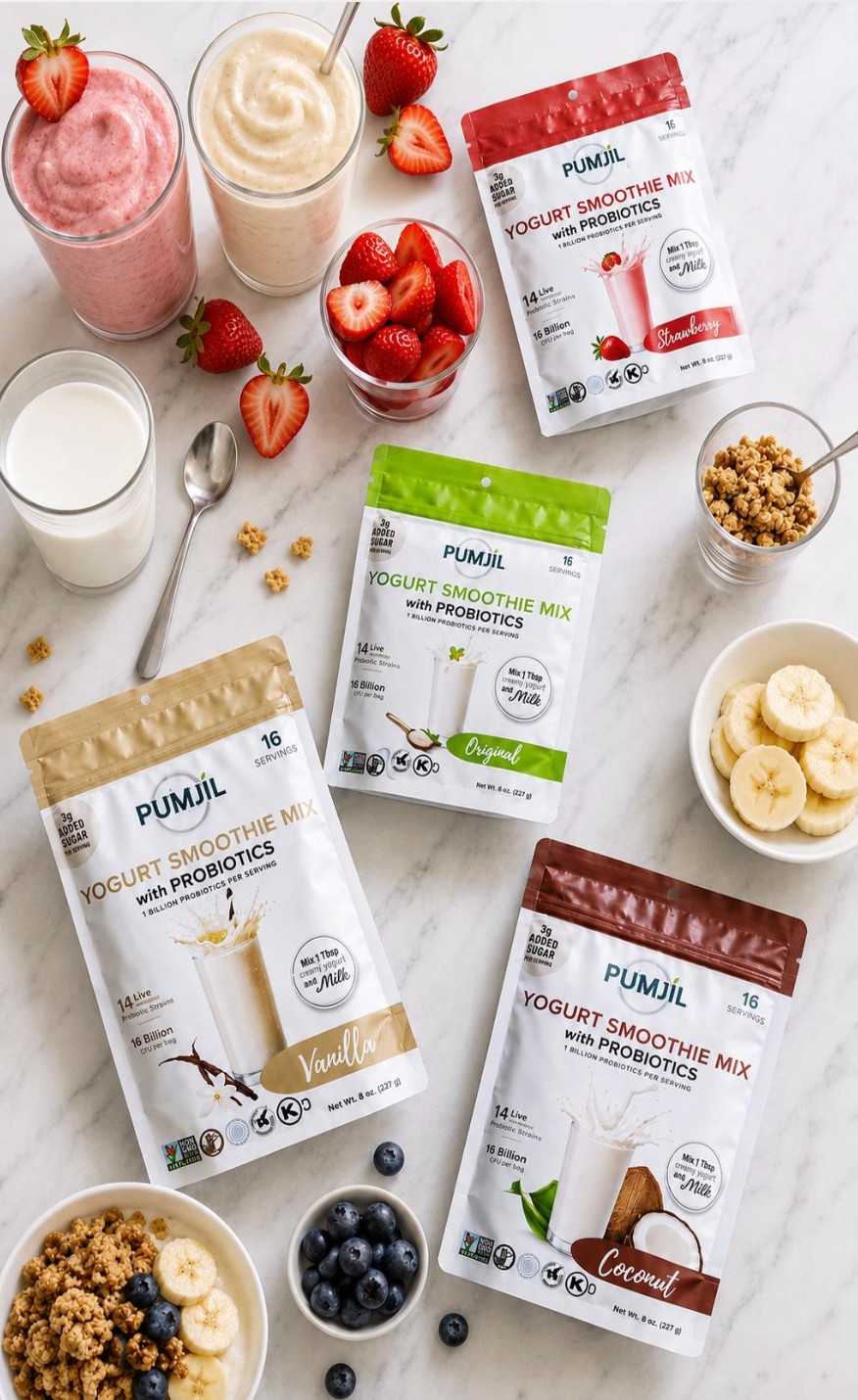 Pumjil Yogurt Smoothie Mix in Strawberry, Original, Vanilla and Coconut with fresh smoothies